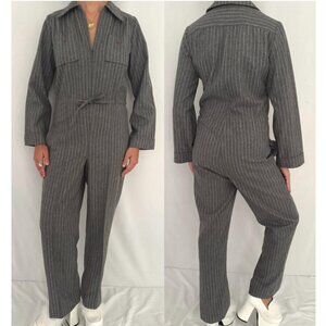 70s vintage grey pinstripe wool long sleeved collared pant jumpsuit pantsuit